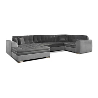 Canapé panoramique convertible CALDERO 5 places gris clair et foncé – angle gauche – 4 coussins 