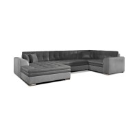 Canapé panoramique convertible CALDERO 5 places gris clair et foncé – angle gauche – 4 coussins 