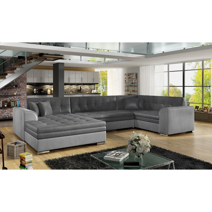 Canapé panoramique convertible CALDERO 5 places gris clair et foncé – angle gauche – 4 coussins 