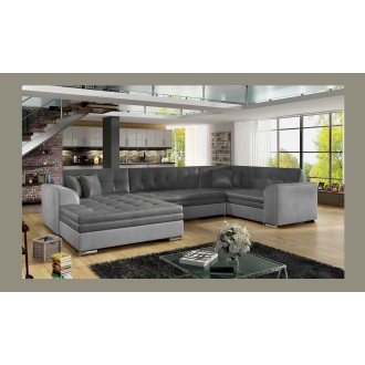 Canapé panoramique convertible CALDERO 5 places gris clair et foncé – angle gauche – 4 coussins 