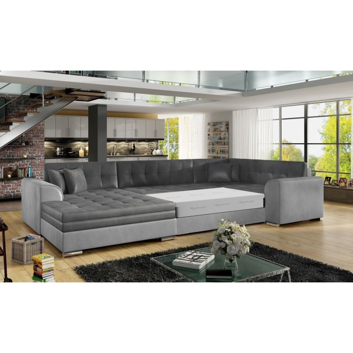 Canapé panoramique convertible CALDERO 5 places gris clair et foncé – angle gauche – 4 coussins 