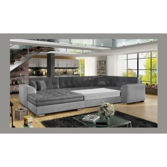 Canapé panoramique convertible CALDERO 5 places gris clair et foncé – angle gauche – 4 coussins 