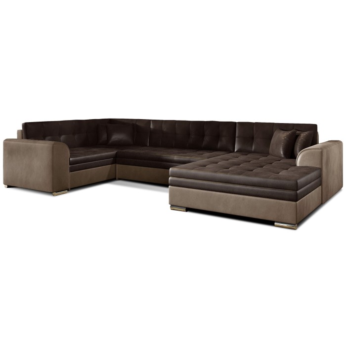 Canapé panoramique convertible CALDERO 5 places marron – angle droit – 4 coussins 