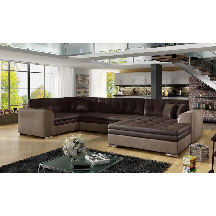 Canapé panoramique convertible CALDERO 5 places marron – angle droit – 4 coussins 