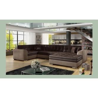 Canapé panoramique convertible CALDERO 5 places marron – angle droit – 4 coussins 
