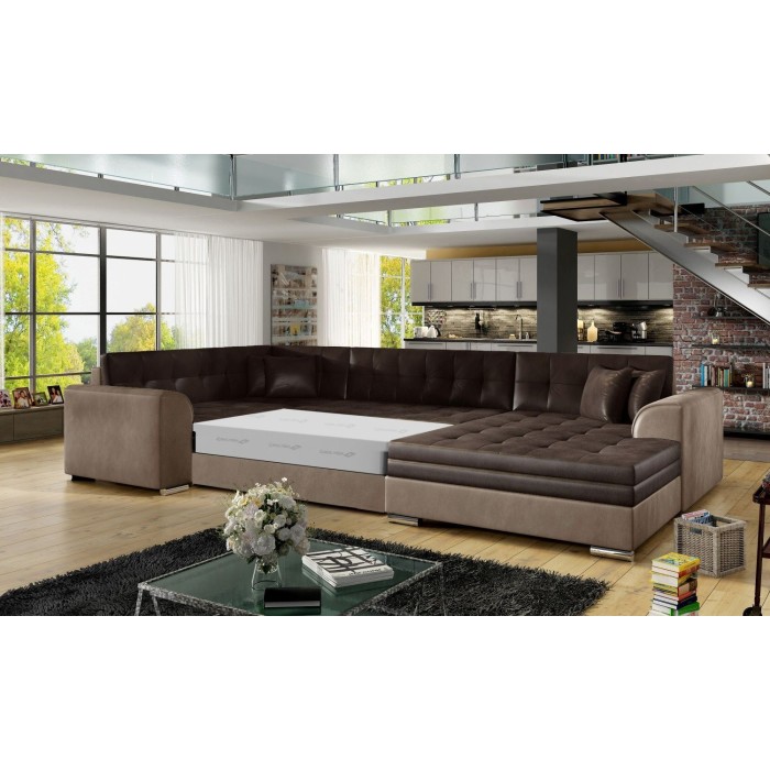 Canapé panoramique convertible CALDERO 5 places marron – angle droit – 4 coussins 