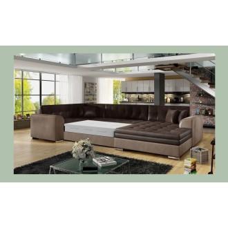 Canapé panoramique convertible CALDERO 5 places marron – angle droit – 4 coussins 