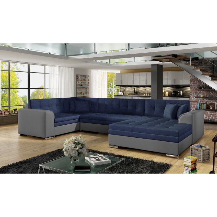Canapé panoramique convertible CALDERO 5 places bleu marine et gris – angle droit 