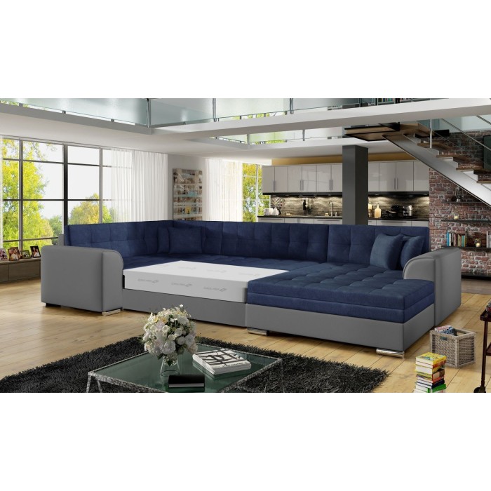 Canapé panoramique convertible CALDERO 5 places bleu marine et gris – angle droit 
