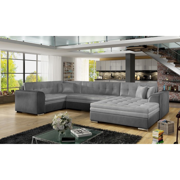 Canapé panoramique convertible CALDERO 5 places gris clair et foncé – angle droit 