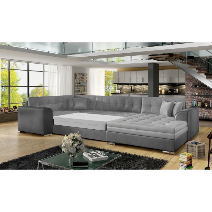 Canapé panoramique convertible CALDERO 5 places gris clair et foncé – angle droit 