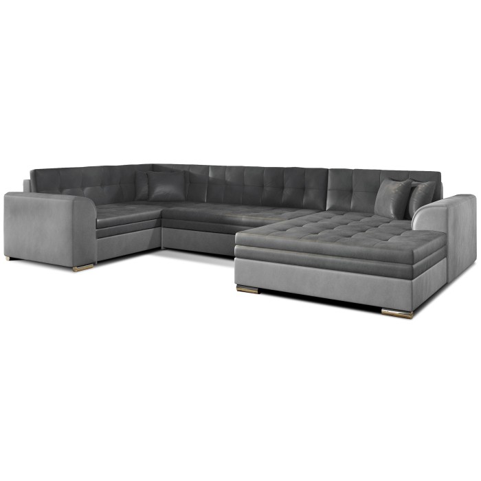 Canapé panoramique convertible CALDERO 5 places gris clair et foncé – angle droit – 4 coussins 