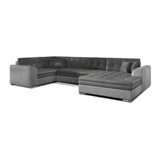 Canapé panoramique convertible CALDERO 5 places gris clair et foncé – angle droit – 4 coussins 
