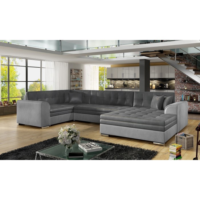 Canapé panoramique convertible CALDERO 5 places gris clair et foncé – angle droit – 4 coussins 