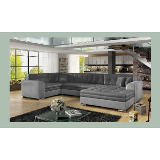 Canapé panoramique convertible CALDERO 5 places gris clair et foncé – angle droit – 4 coussins 