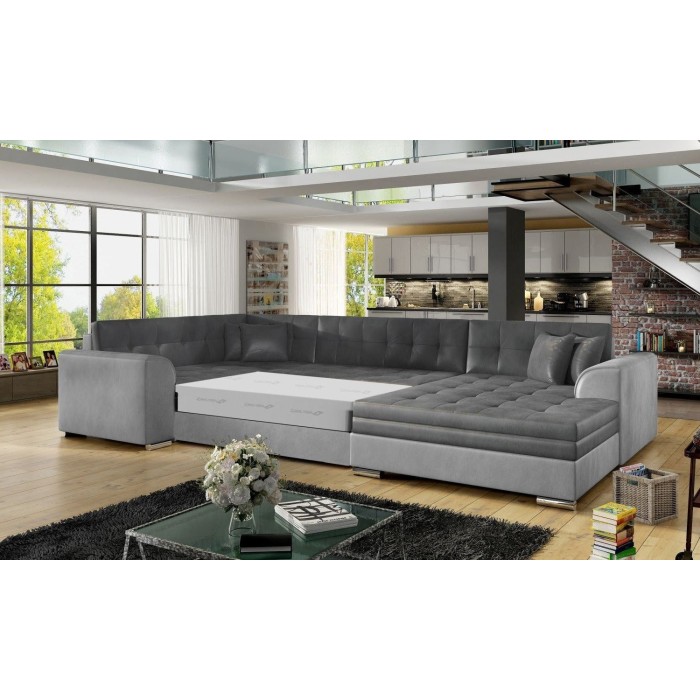 Canapé panoramique convertible CALDERO 5 places gris clair et foncé – angle droit – 4 coussins 