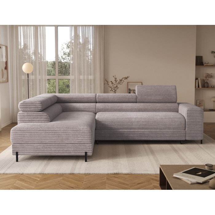 Canapé d'angle COLESIA convertible 5 places gris velours côtelé – gauche – 274x200cm 