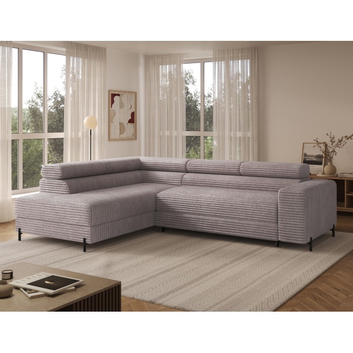 Canapé d'angle COLESIA convertible 5 places gris velours côtelé – gauche – 274x200cm 