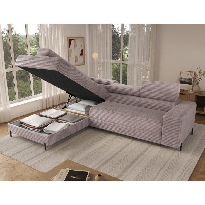 Canapé d'angle COLESIA convertible 5 places gris velours côtelé – gauche – 274x200cm 