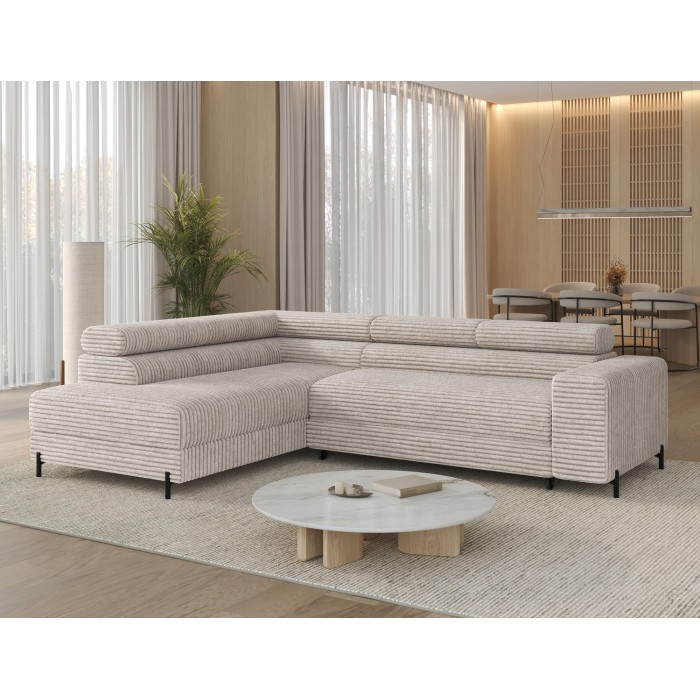Canapé d'angle COLESIA convertible 5 places blanc crème velours côtelé – gauche – 274x200cm 