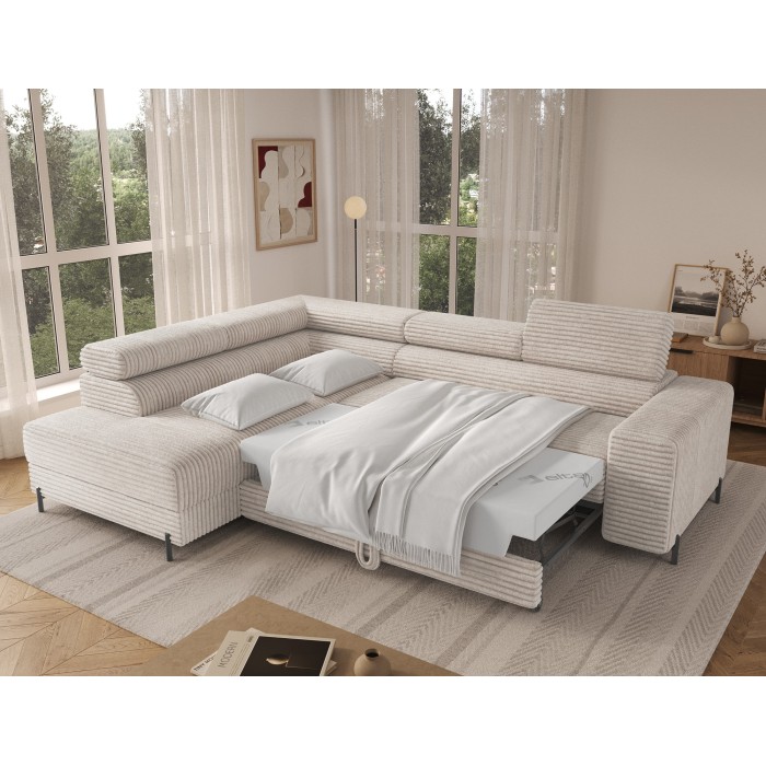 Canapé d'angle COLESIA convertible 5 places blanc crème velours côtelé – gauche – 274x200cm 