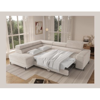 Canapé d'angle COLESIA convertible 5 places blanc crème velours côtelé – gauche – 274x200cm 