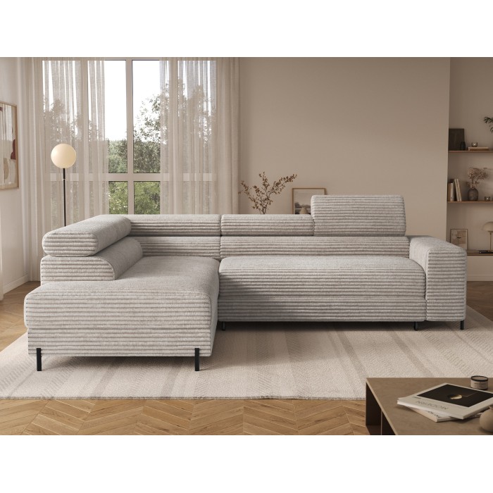 Canapé d'angle COLESIA convertible 5 places blanc crème velours côtelé – gauche – 274x200cm 