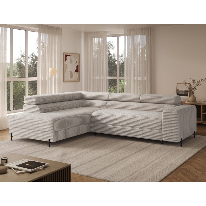 Canapé d'angle COLESIA convertible 5 places blanc crème velours côtelé – gauche – 274x200cm 