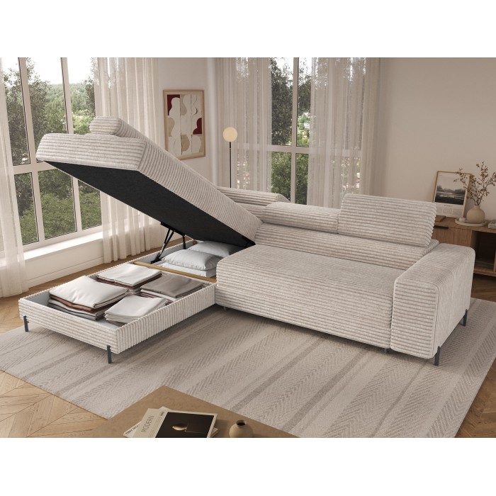 Canapé d'angle COLESIA convertible 5 places blanc crème velours côtelé – gauche – 274x200cm 