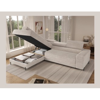 Canapé d'angle COLESIA convertible 5 places blanc crème velours côtelé – gauche – 274x200cm 