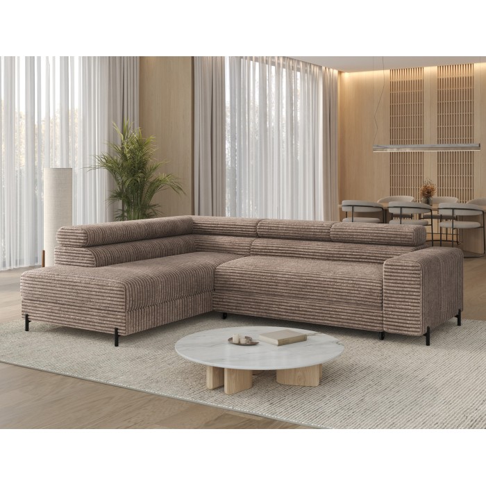 Canapé d'angle COLESIA convertible 5 places brun clair velours côtelé – gauche – 274x200cm 