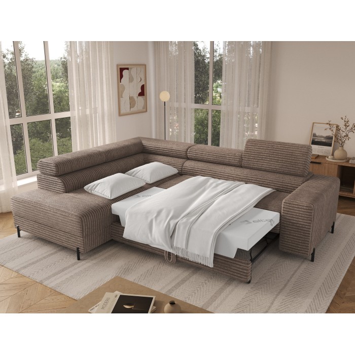Canapé d'angle COLESIA convertible 5 places brun clair velours côtelé – gauche – 274x200cm 
