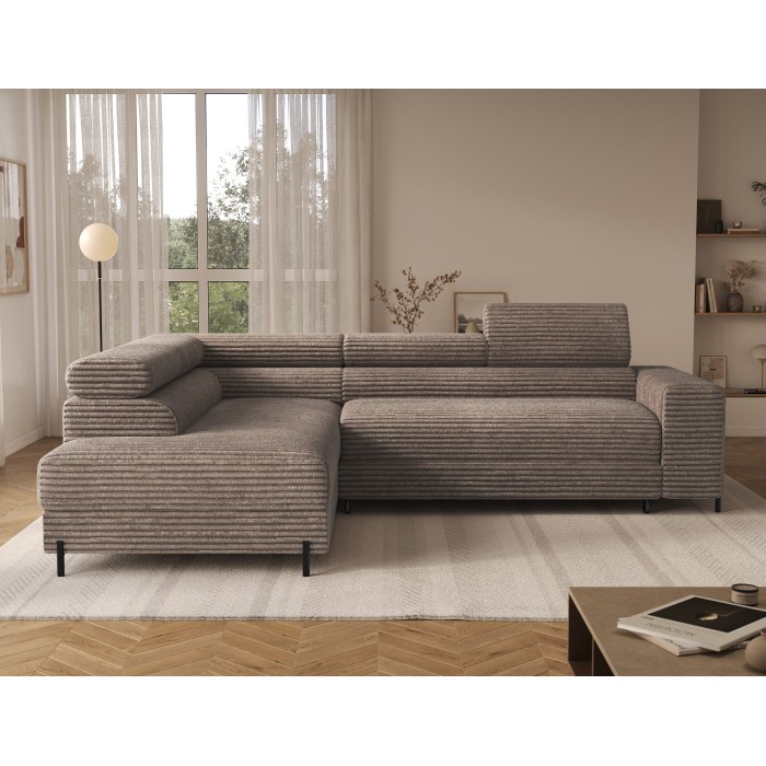 Canapé d'angle COLESIA convertible 5 places brun clair velours côtelé – gauche – 274x200cm 