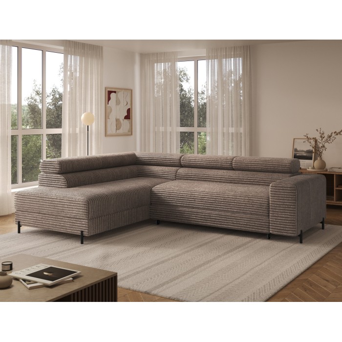 Canapé d'angle COLESIA convertible 5 places brun clair velours côtelé – gauche – 274x200cm 