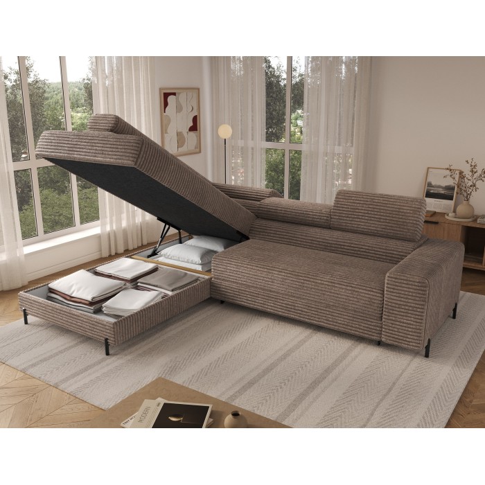 Canapé d'angle COLESIA convertible 5 places brun clair velours côtelé – gauche – 274x200cm 
