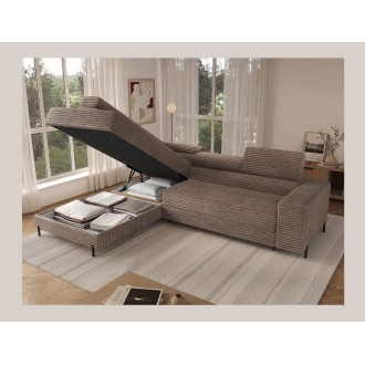 Canapé d'angle COLESIA convertible 5 places brun clair velours côtelé – gauche – 274x200cm 