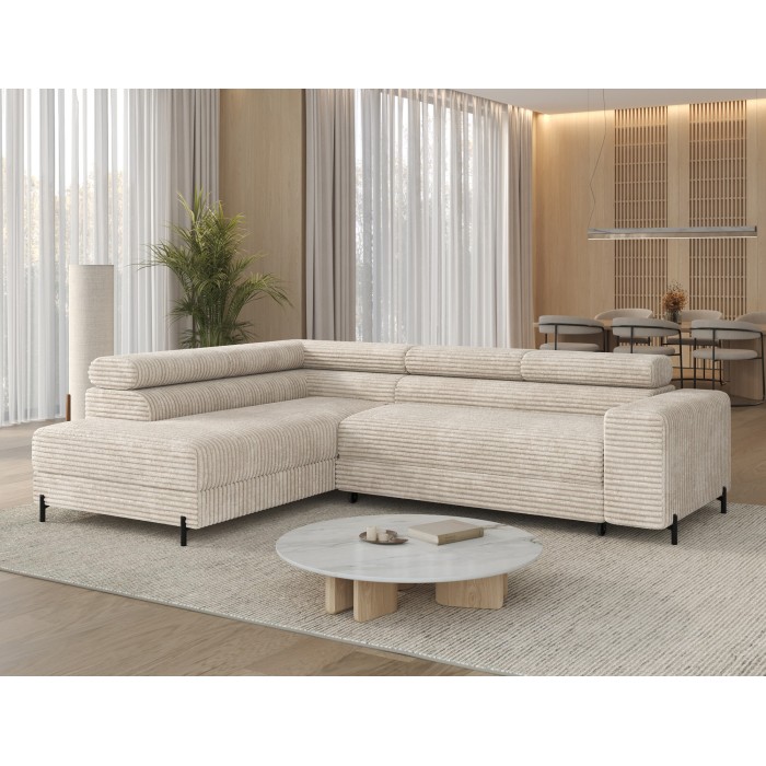 Canapé d'angle COLESIA convertible 5 places beige velours côtelé – gauche – 274x200cm 