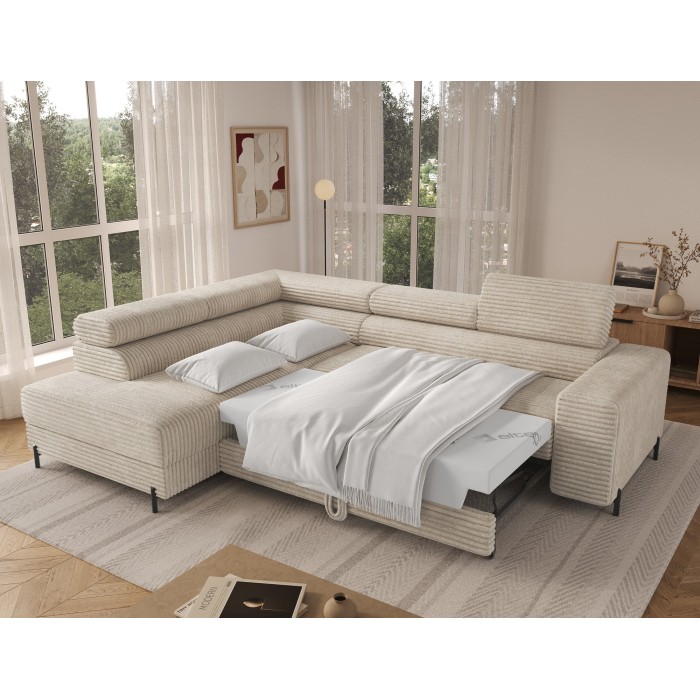Canapé d'angle COLESIA convertible 5 places beige velours côtelé – gauche – 274x200cm 