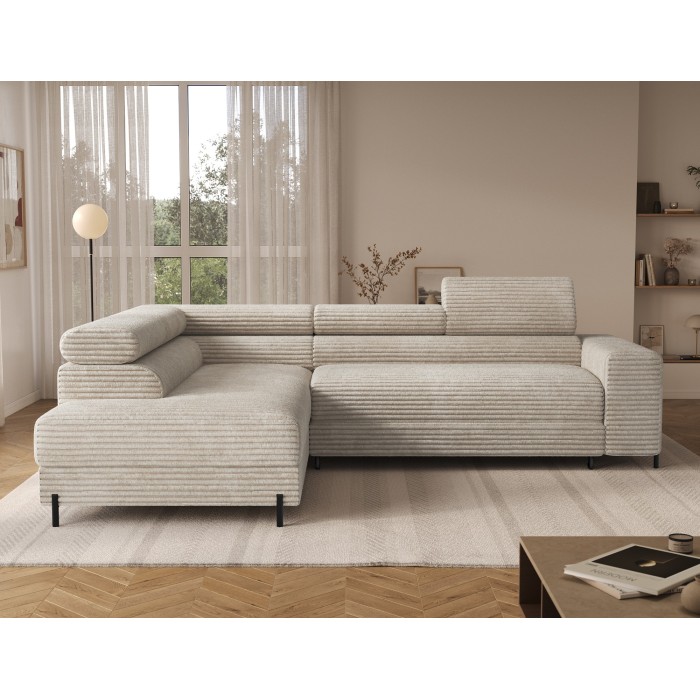 Canapé d'angle COLESIA convertible 5 places beige velours côtelé – gauche – 274x200cm 