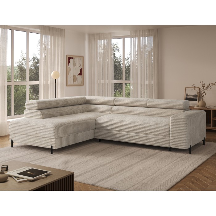 Canapé d'angle COLESIA convertible 5 places beige velours côtelé – gauche – 274x200cm 