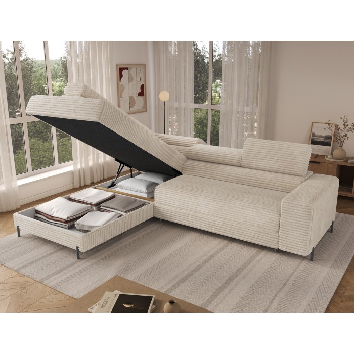 Canapé d'angle COLESIA convertible 5 places beige velours côtelé – gauche – 274x200cm 