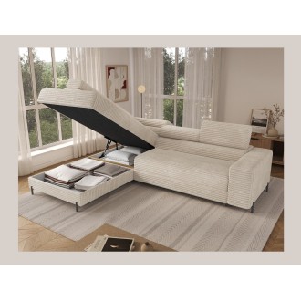 Canapé d'angle COLESIA convertible 5 places beige velours côtelé – gauche – 274x200cm 