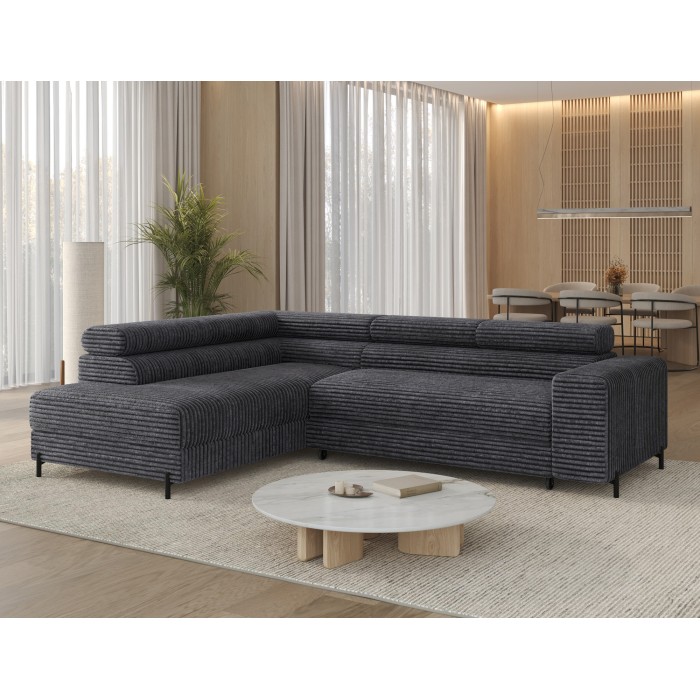 Canapé d'angle COLESIA convertible 5 places gris foncé velours côtelé – gauche – 274x200cm 