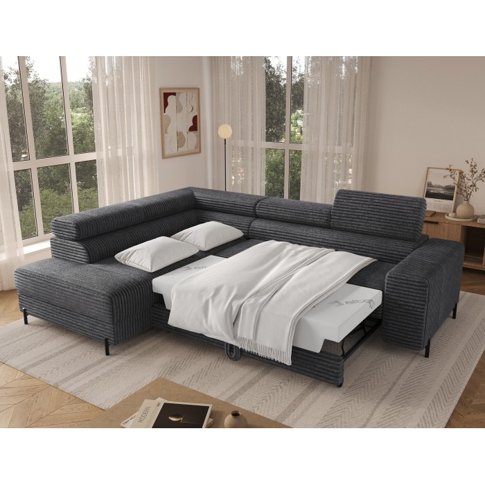 Canapé d'angle COLESIA convertible 5 places gris foncé velours côtelé – gauche – 274x200cm 