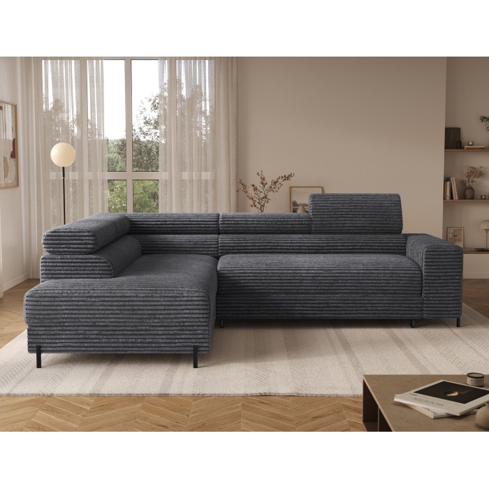 Canapé d'angle COLESIA convertible 5 places gris foncé velours côtelé – gauche – 274x200cm 