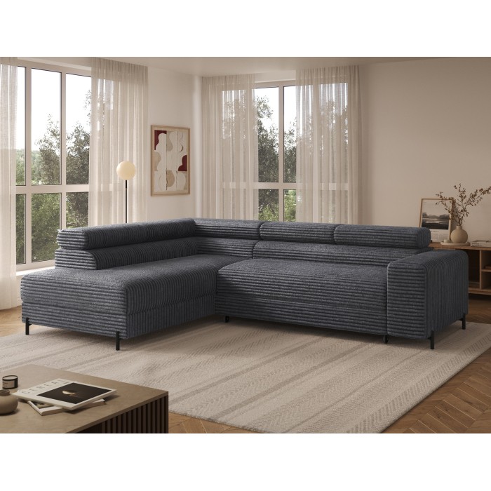 Canapé d'angle COLESIA convertible 5 places gris foncé velours côtelé – gauche – 274x200cm 