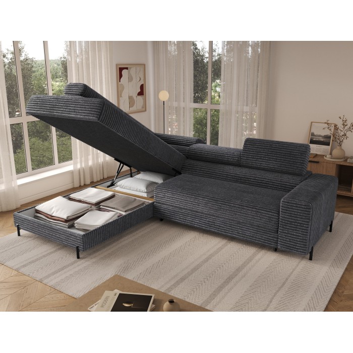Canapé d'angle COLESIA convertible 5 places gris foncé velours côtelé – gauche – 274x200cm 