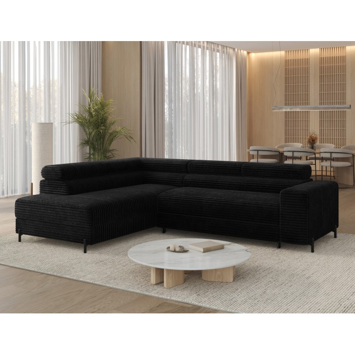 Canapé d'angle COLESIA convertible 5 places noir velours côtelé – gauche – 274x200cm 