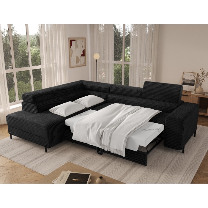 Canapé d'angle COLESIA convertible 5 places noir velours côtelé – gauche – 274x200cm 