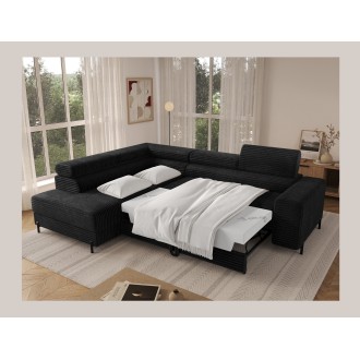 Canapé d'angle COLESIA convertible 5 places noir velours côtelé – gauche – 274x200cm 